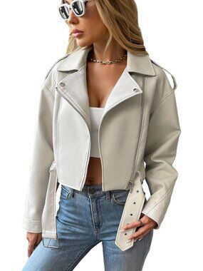 Women's Beige Faux Leather Minimalist Zip Up Cropped Belted Moto Biker Jackets